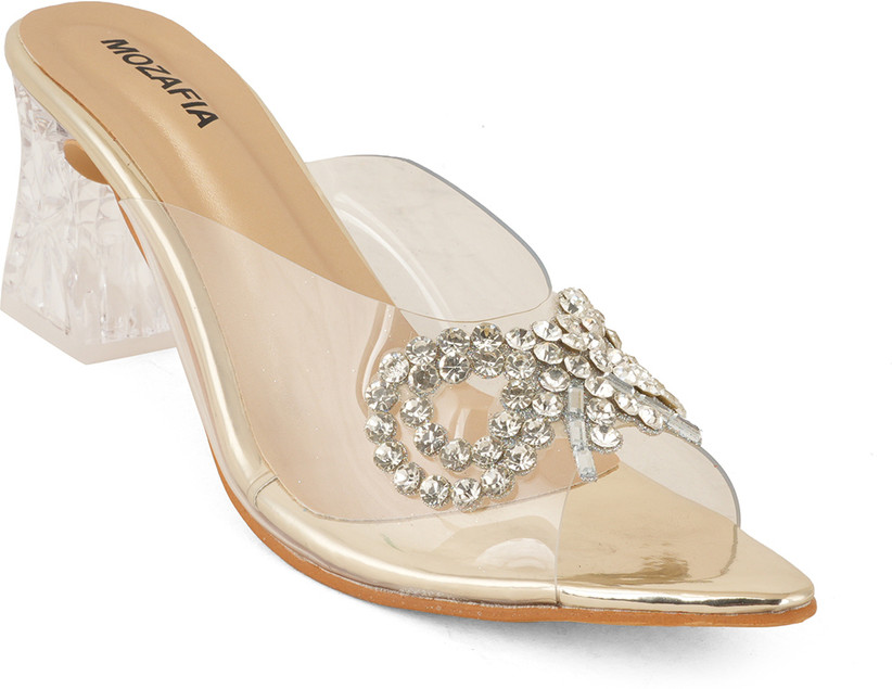 MOZAFIA Women's Transparent Rhinestone  Pointed Toe Kitten Heel Mules | Party & Wedding Heels
