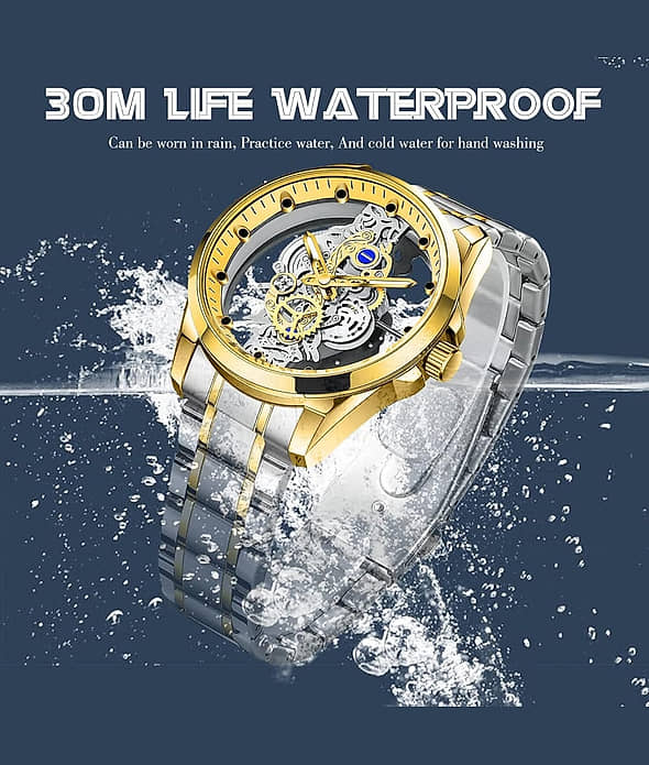 Luxury Skeleton Analog Men's Watch – Gold & Silver Stainless Steel Strap