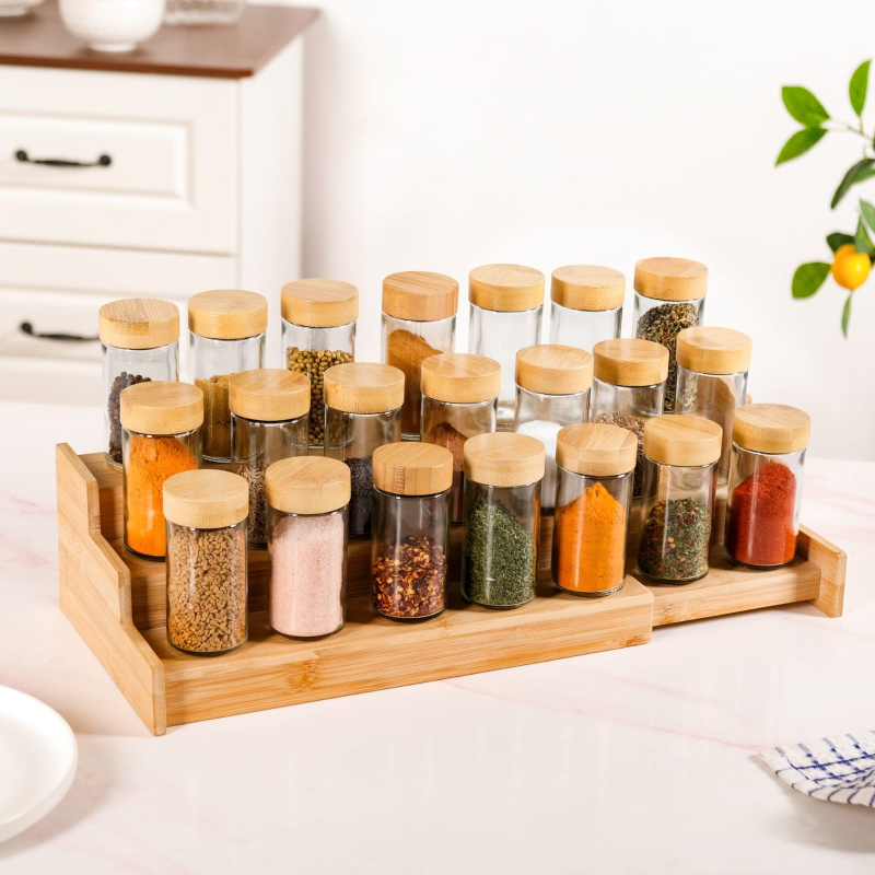 24-Piece Glass Spice Jar Set with Bamboo Lids & Wooden Rack | Airtight Seasoning Storage Organizer for Kitchen