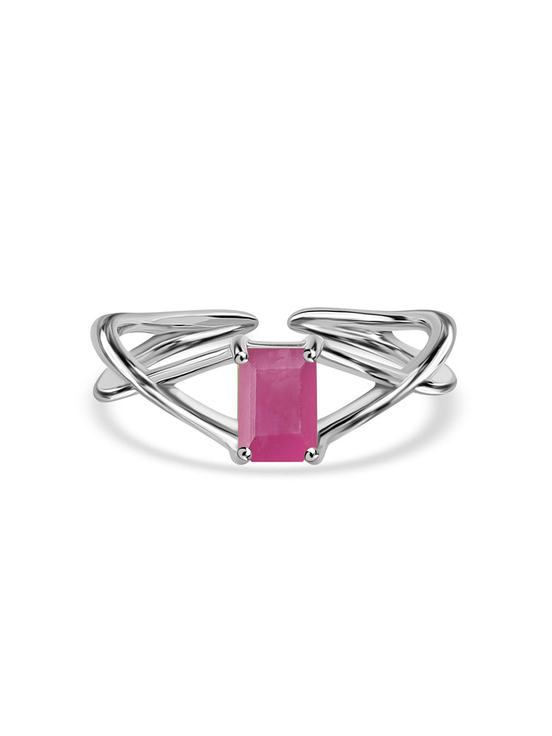 Women's Silver Plated Adjustable Pink  Rectangle Stone Ring |  Elegant Open Band  Ring for Women & Girls