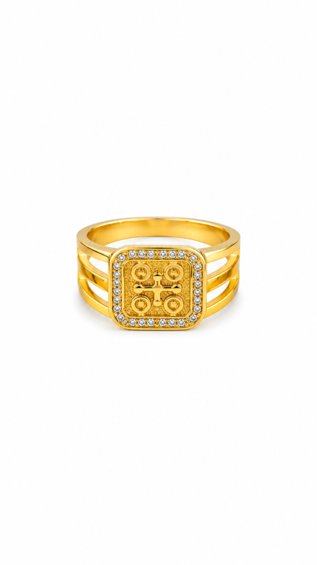 Men's Gold Plated Square CZ Studded Religious Statement Ring