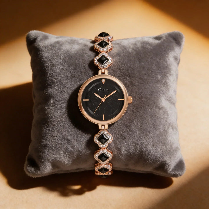 Canon Women's Rose Gold Black Dial Analog Bracelet Watch | Crystal Designer Wrist Watch